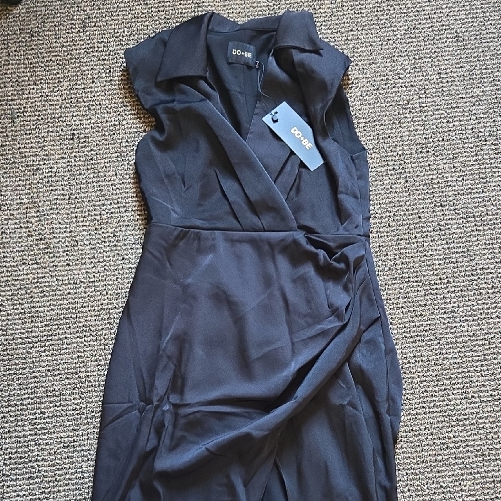 DO+BE Elegant Black Satiny Asymmetrical Dress W High Slit And Collar Maxi NWT